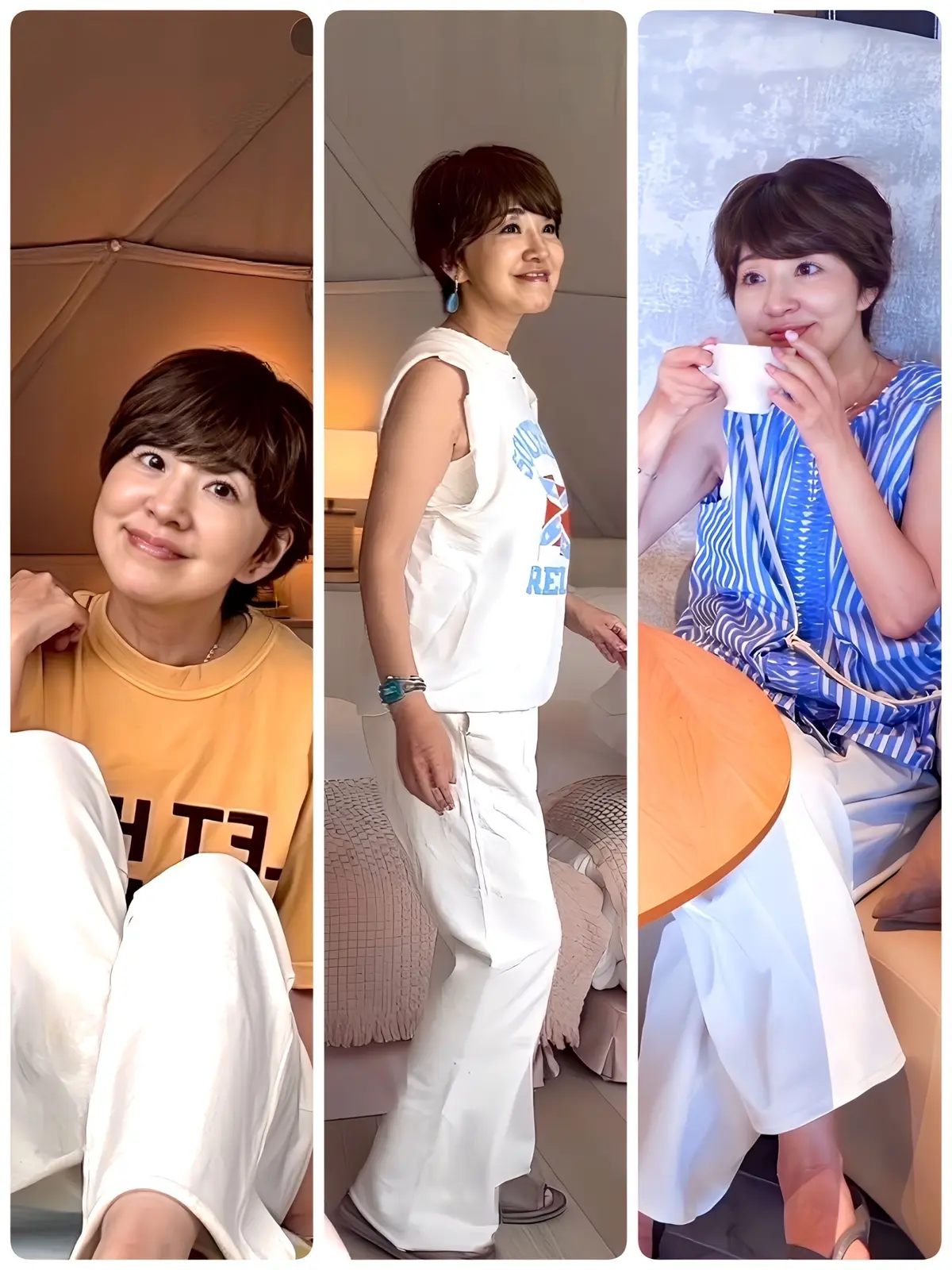 **Altテキスト:**  
3枚のコラージュ。左はベージュのTシャツと白いズボンで、膝を折って座っている。中央は白のノースリーブと白いズボンで、部屋のベッドの前で立っている。右は青と白のストライプのトップスで、カップを片手にソファに座っている。