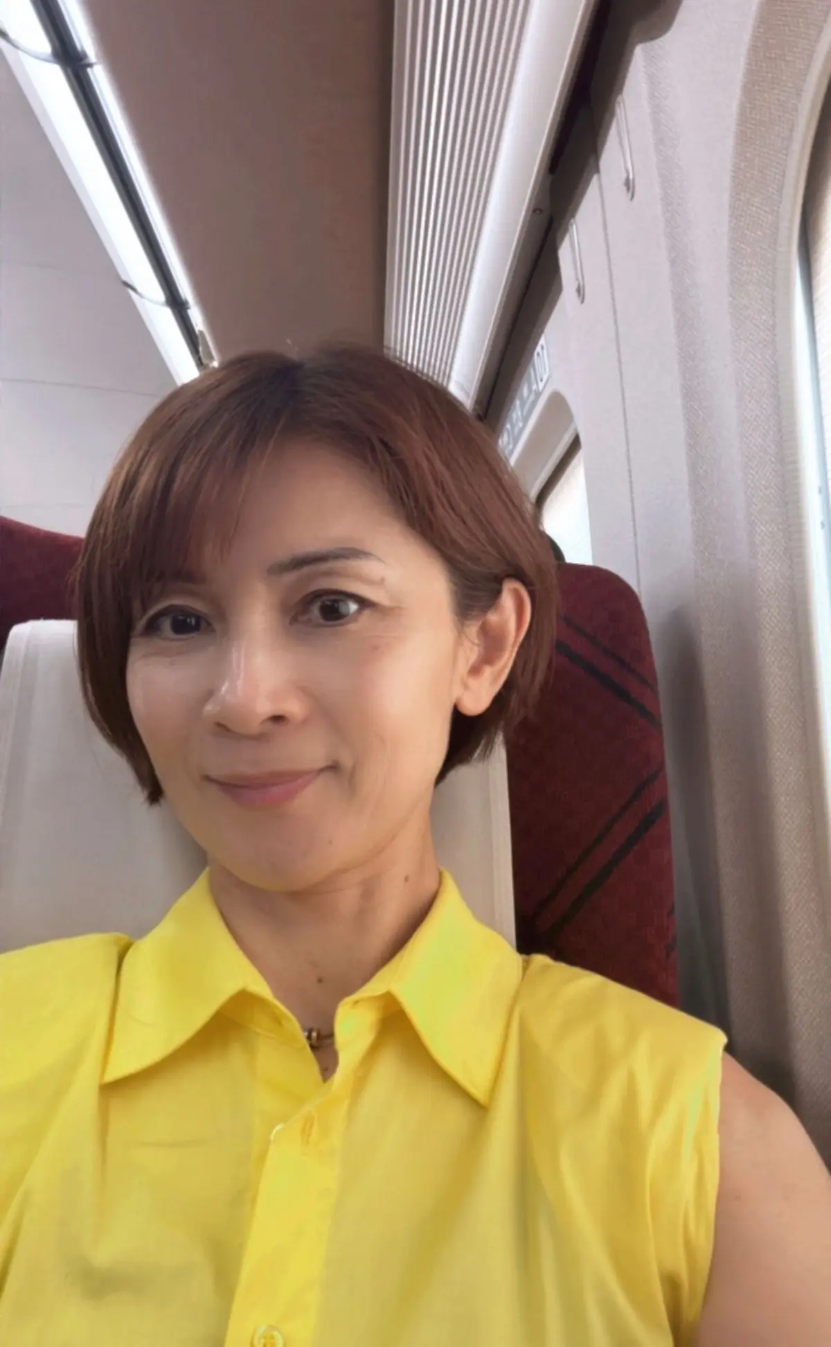 黄色いシャツを着た女性が、電車の座席に座ってこちらを見ている。茶色の短髪で、自然な笑顔を浮かべている。背景には電車の内装が見える。