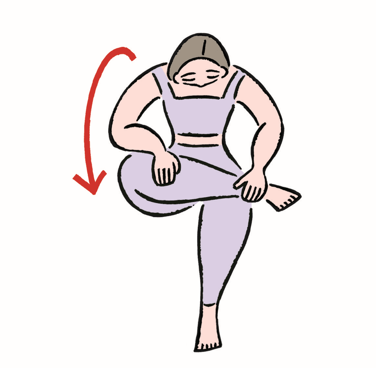女性が右に体をひねりながら座るヨガのポーズ。腕は膝の上に置かれ、顔はやや上を向いている。ベージュ系の服装で、背景は白。