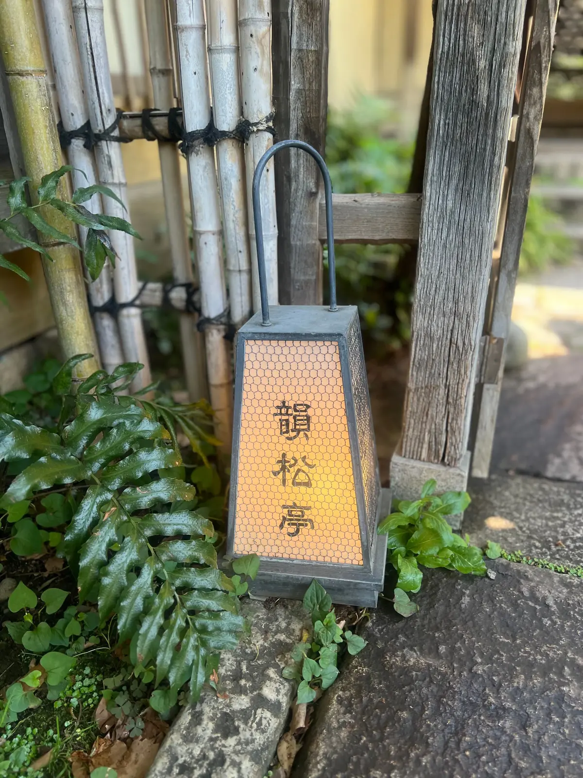 竹製の柱と木製の建物に囲まれた、六角形の金属製灯篭。黄色の六角形の表面に「道楽寺」と書かれている。緑の植物が周囲に生えている。