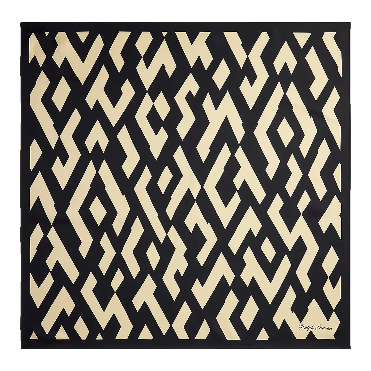 スクエアスカーフ。91.5×91.5㎝、シルクツ イル素材。今シーズンの特徴である大胆なアー ルデコ調のモチーフ。手巻き仕上げの端は、イ タリアの精巧な職人技へのこだわりを物語る