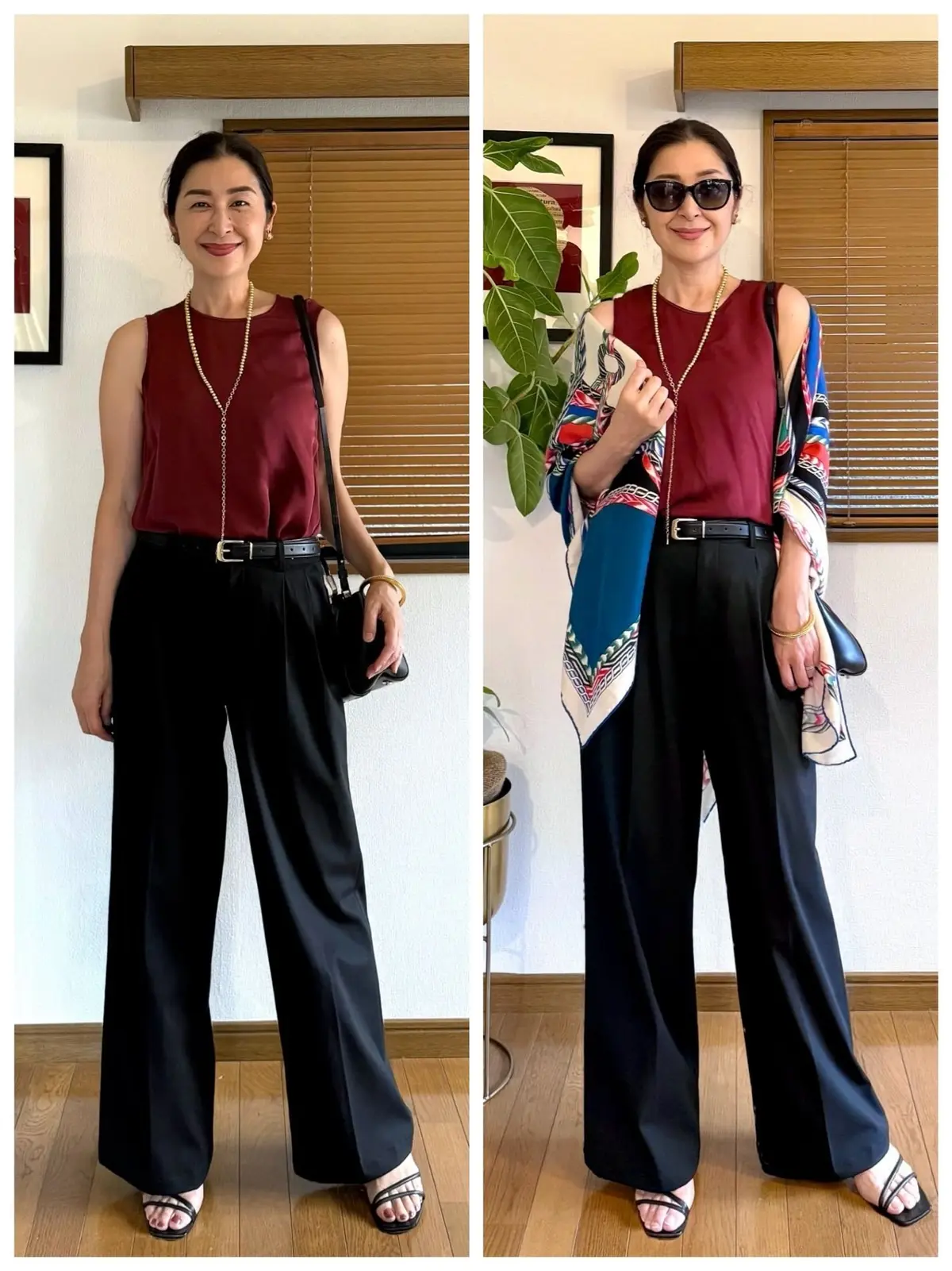 UNIQLOスマートワイドストレートパンツ、ワインレッドのタンクトップに黒のワイドパンツを合わせた女性。黒のベルトでウエストマーク。左画像はシンプル、右画像は柄物のスカーフとサングラスをプラス。ゴールドのネックレスと白いサンダルを着用。