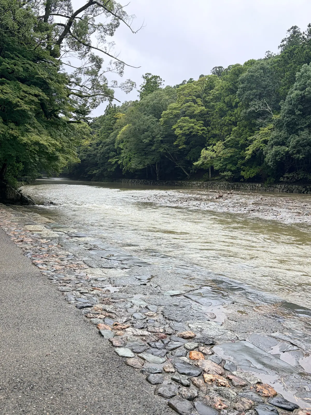 小川のほとりに石畳の道が続く風景。左右に緑豊かな木々が生い茂り、水面は穏やかに流れている。空は曇り。