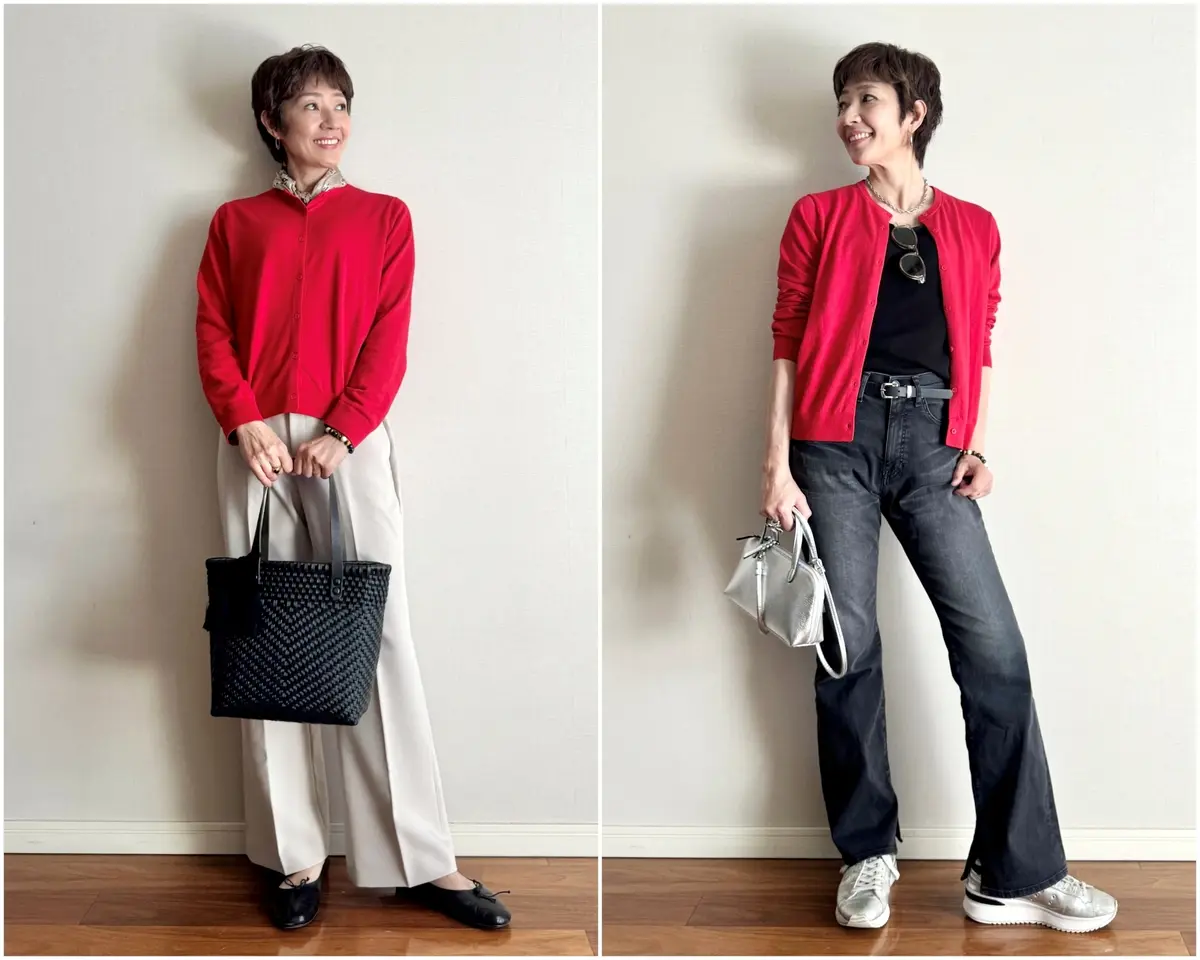 エクラ 華組　細谷さん　「ユニクロ」のUVカットカーディガン、大人はどう着る？　左：カーディガン／UNIQLO   パンツ／attenir  スカーフ／manipuri  バッグ／¡CHÉVERE!   靴／porselli 右：カーディガン／UNIQLO   インナー／SOÉJU　デニム／SURT×éclat　ベルト／ZARA  バッグ／WAKO  スニーカー／Onitsuka Tiger