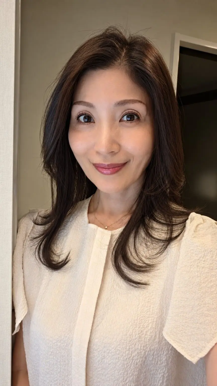 白いトップスを着た女性が微笑んでいるポートレート。肩までの長さの茶色の髪、控えめなメイク、上品な印象。背景は淡いグレーの壁。