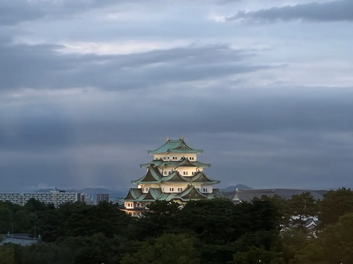 名古屋城天守閣。緑色の石造りの多層構造で、屋根は黒い瓦。周囲には緑豊かな木々が茂り、背景に都市の建物が見える。曇り空の下、ライトアップされている。