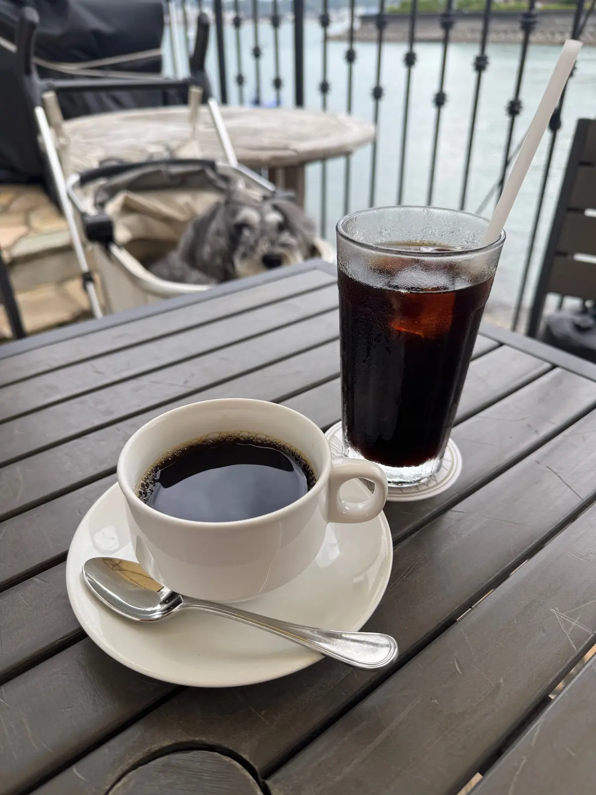 木製のテーブルに置かれたコーヒーとジュース。白磁のカップとソーサー、グラス、スプーンが配置されている。背景には黒いフェンスと水辺、そして椅子に座る犬が見える。