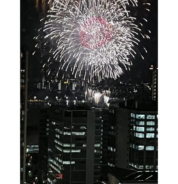 夜空に広がる花火。白銀の光が放射状に広がり、中央には赤色の光が点灯している。背景には高層ビル群が立ち並び、都市の夜景と花火が組み合わさっている。