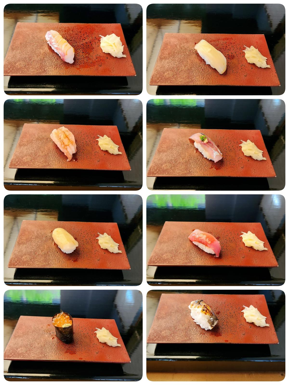 赤いプレートに寿司とクリームが並んだ料理の進捗状況を表す写真集