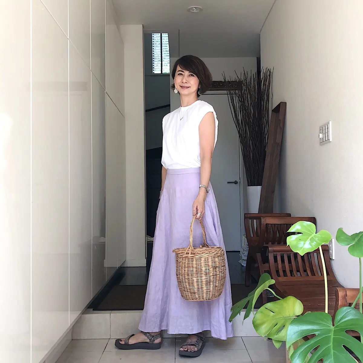 ラベンダーカラーのリネンマキシスカート