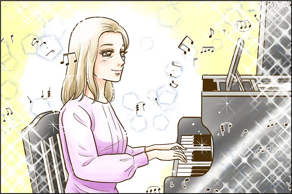 OurAge×Webエクラ　ピアノを弾く女性のイラスト
