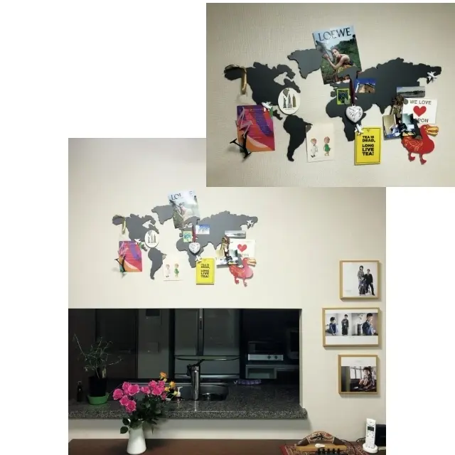 「マグネットの世界地図に外国の思い出をクリップ」