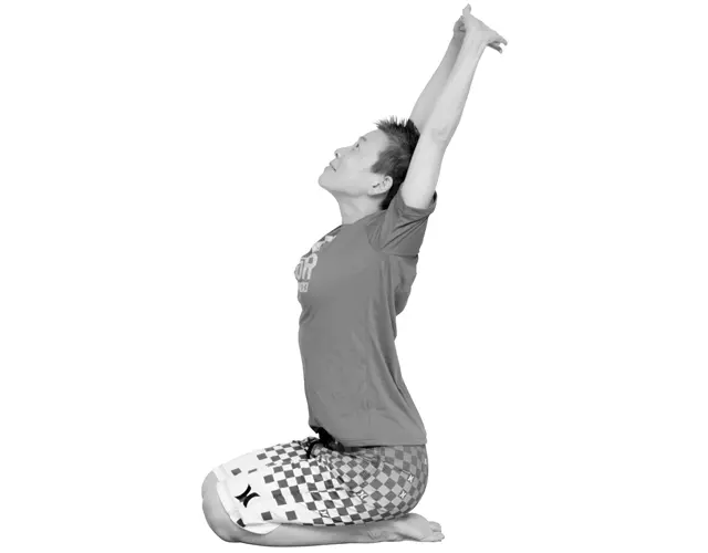 正座して両手を組んで上へ伸ばす