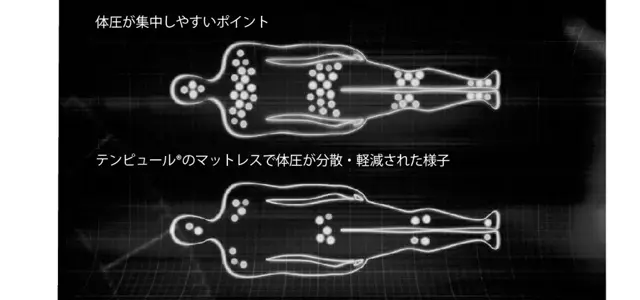 上は体圧が集中しやすいポイントを示し、下がテンピュール®素材