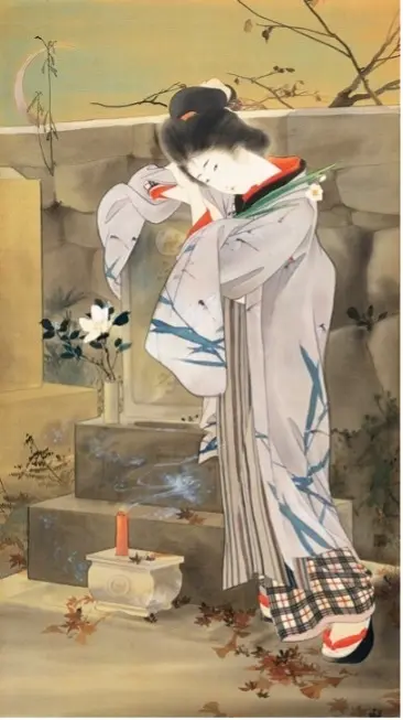 「たけくらべ」の主人公・美登利を描いた、初期の代表作／《一葉女史の墓》　明治35年（1902）　鎌倉市鏑木清方記念美術館蔵
