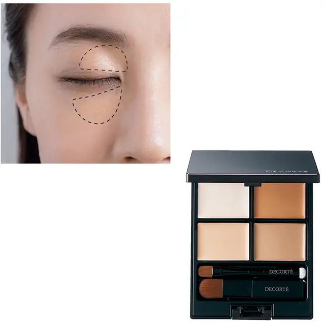 肌の色みに合わせコンシーラーをミックスし、目頭下のくぼみと、アイホールのくぼみにぼかしてカバー