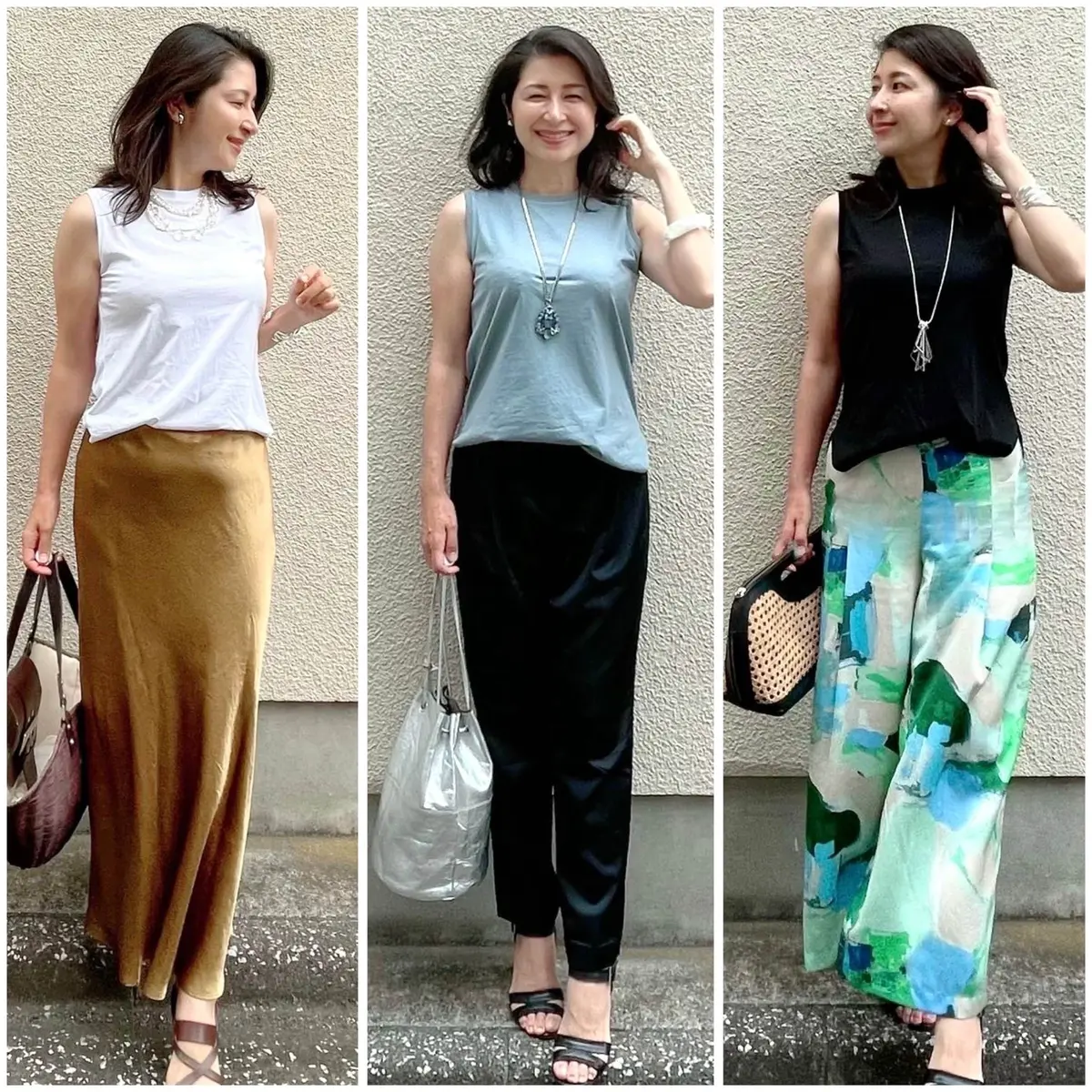 白Tシャツとゴールドロングスカートのコーデ、ブルーTシャツと黒パンツのコーデ、黒Tシャツと柄物パンツコーデ