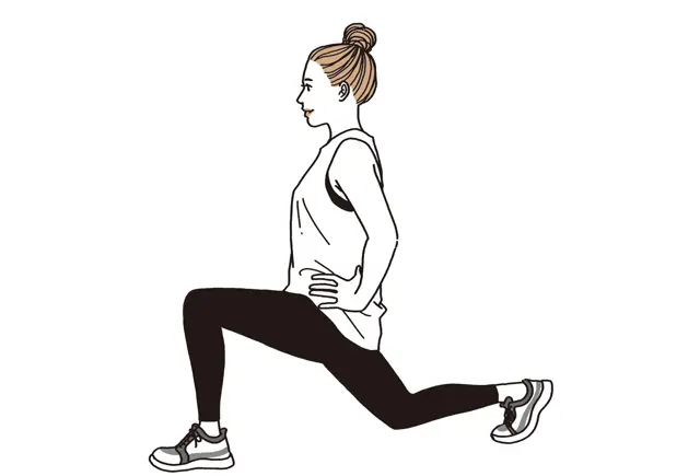 脚を前後に大きく開いて体を上下させる「ランジ」は、下半身全体を強化。