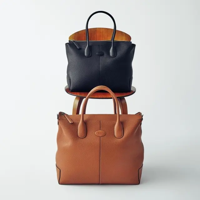 「DI BAG」カーフ（上から）ミディアム ブラック（H28×W45×D20）・ビッグ ブラウン（H42×W60×D22）