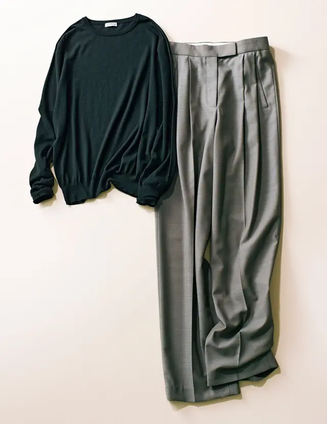 ゲミニーのニットとebureのパンツ