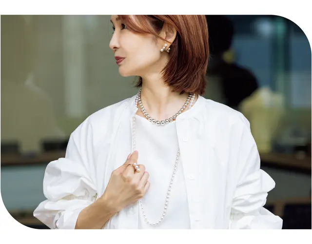 ティファニーのボールチェーンとTASAKIのロングパールネックレスを重ねて