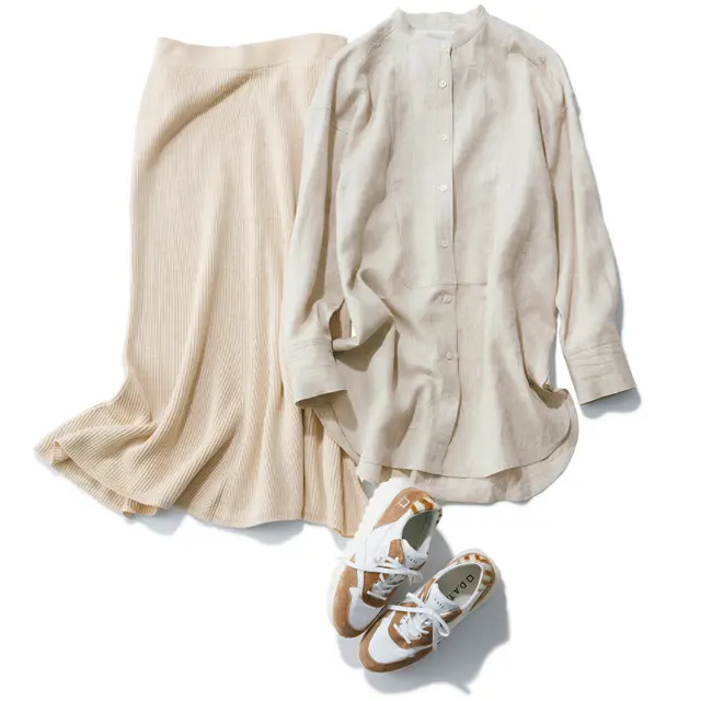 ウィム ガゼットのベージュリネンシャツ＆ニットスカート