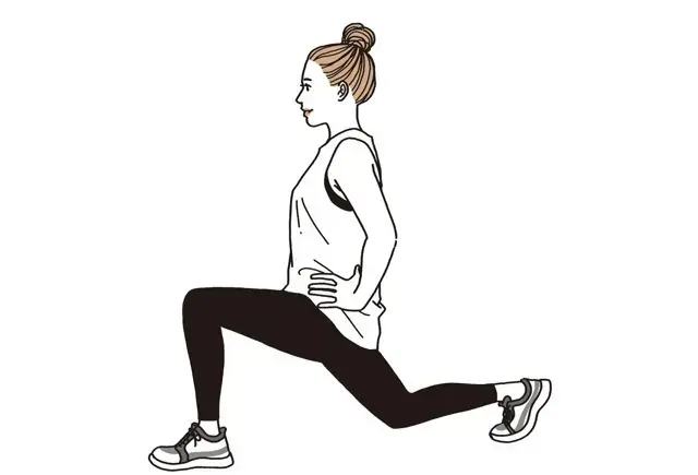 脚を前後に大きく開いて体を上下させる「ランジ」は、下半身全体を強化。