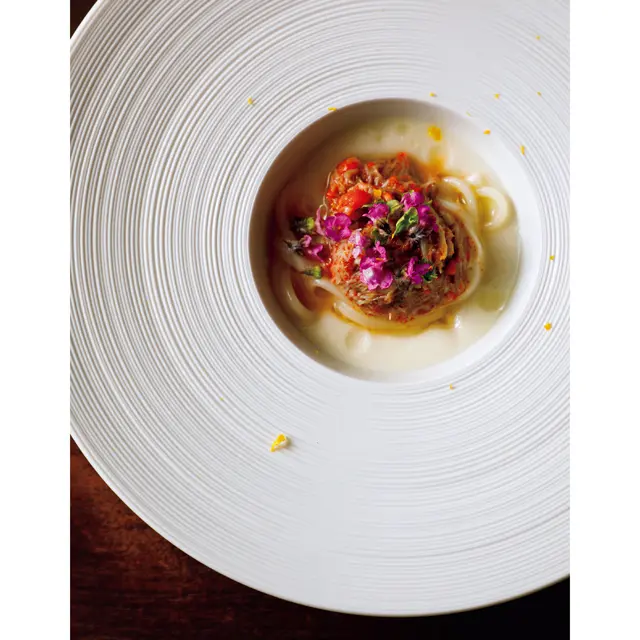 かぶのスープ。カニの身、内子、外子、五島うどんを