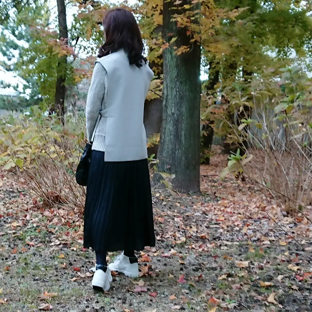 ローゲージニット   ジレ  プリーツスカート   スニーカー