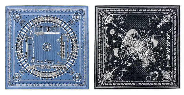 シルクバンダナ55（ブラック）「コーラス・ステラルム」・（ブルー）「オール・アボード！」各￥37,400／エルメスジャポン（エルメス）