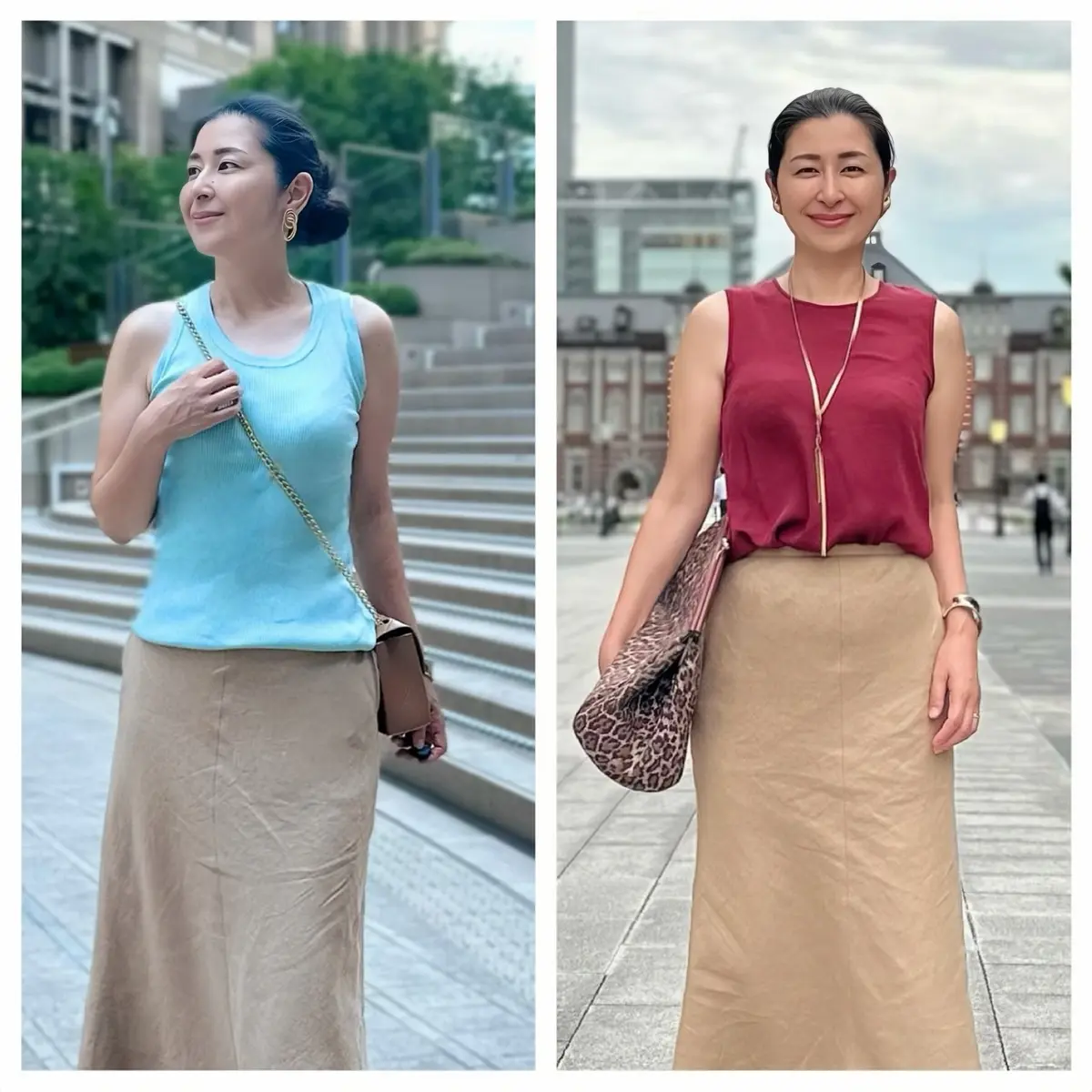 エクラプレミアムのキャメルの「リネンフレアスカート」、ミントグリーンのニット、ボルドーのブラウス