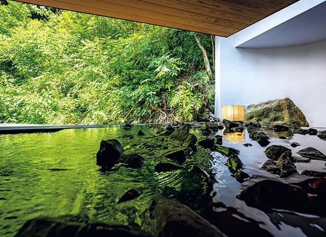 女性用の内湯と露天風呂。泉質はさまざまな成分が入った弱アルカリ単純泉。美肌をつくる泉質として知られる