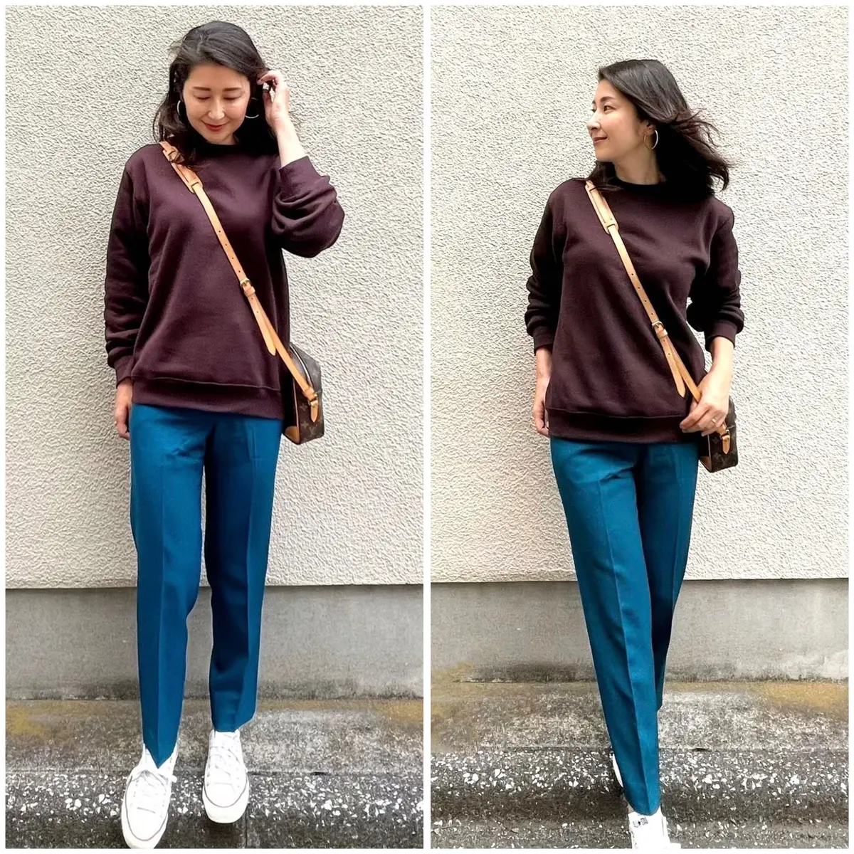 ブラウンのスウェットシャツ、ブルーのパンツ、ポシェット、スニーカー