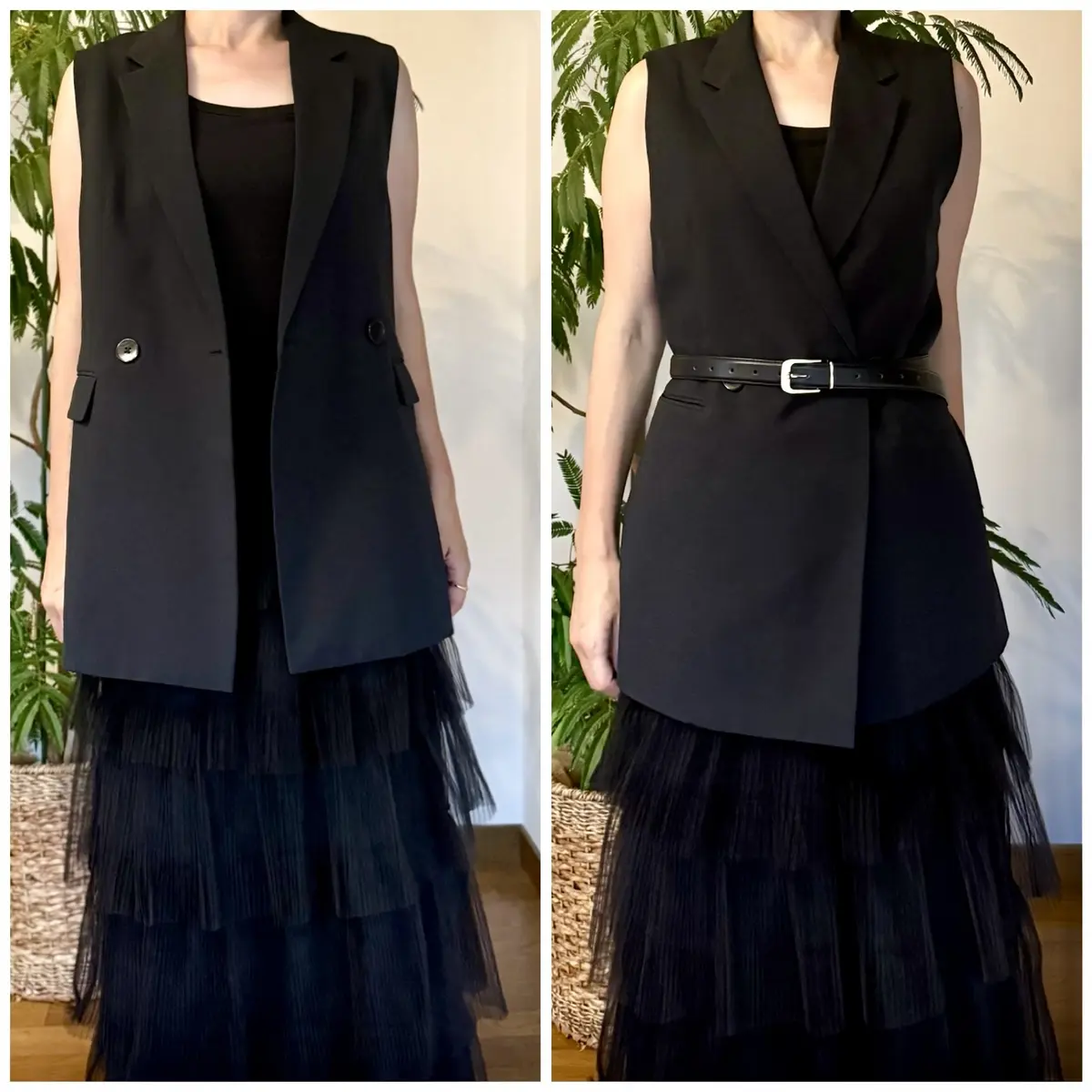 GU黒ジレ　黒のチュールスカート　黒ベルト　アラフィフ　50代　ジレコーデ