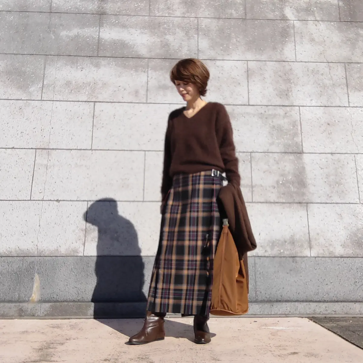 タータンチェックスカート　ロングスカート　着回しコーデ　ステンカラーコート