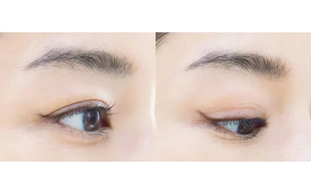 目じりにまぶたがかぶってアイラインが“飲み込まれて”しまうので、写真右のように大胆かつ長めに描くのが重要。こんなに長く描いても、目を開けると自然な仕上がりに。