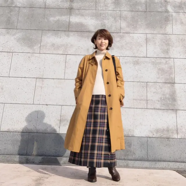 タータンチェックスカート　ロングスカート　着回しコーデ　ステンカラーコート