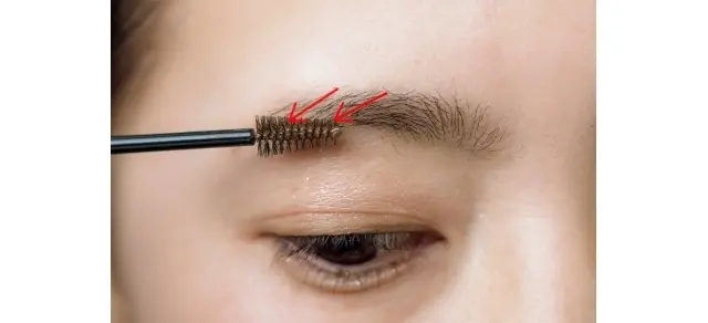 　眉マスカラを毛流れに逆らってつけたら、眉頭は上方向、眉中は横方向、眉山はあえて下向きに整える。