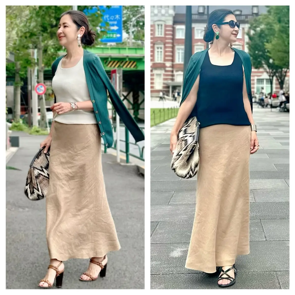 エクラプレミアムのキャメルの「リネンフレアスカート」白ニット、黒ニット、ダークグリーンカーディガン