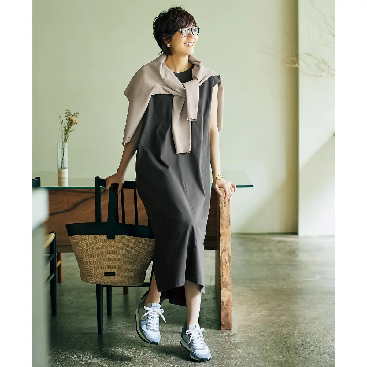 E by éclat ジャージー切替ワンピース、コンパクトVネックカーディガン