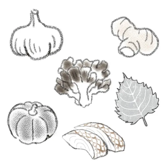 鯛、鰊、しょうが、まいたけ、かぼちゃ、 にんにく、にんにくの芽、しそなど