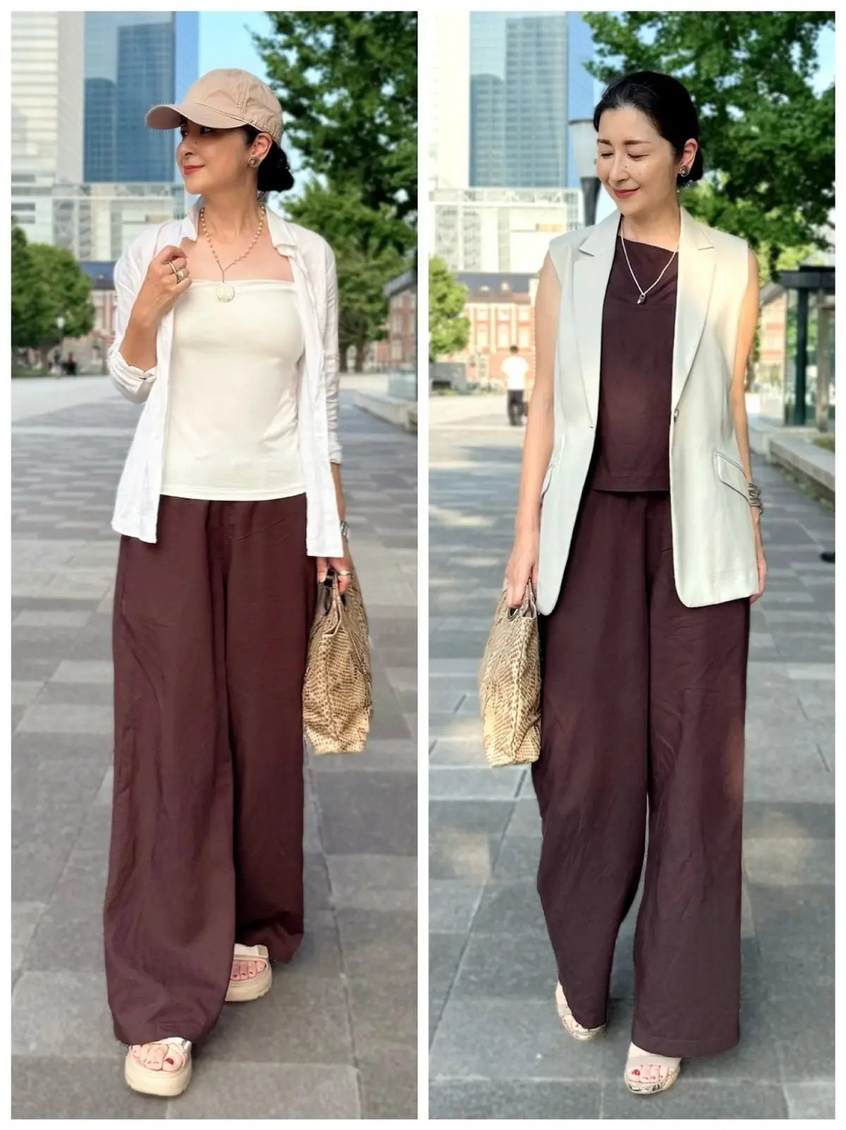 ユニクロ　アラフィフコーデ　50代　茶のリネンブレンドイージパンツ　白のリネンシャツ　ベージュのジレ