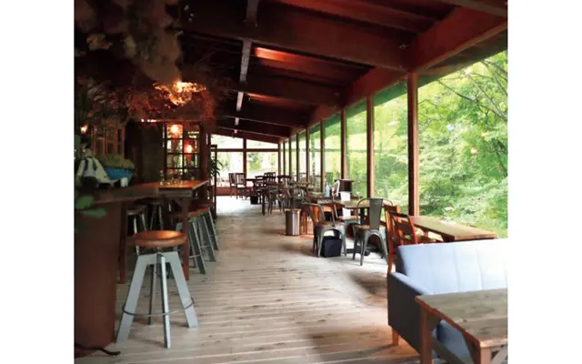 壁一面の窓から緑があふれる店内