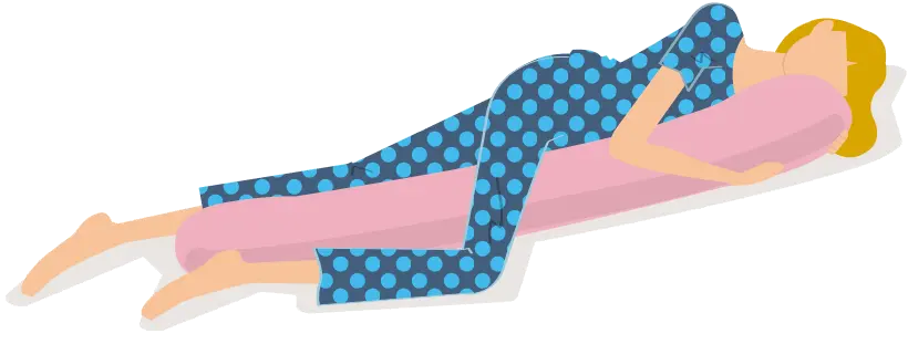 OurAge×Webエクラ　体の左側を下に横向きに寝て、抱き枕を両腕で抱え、右脚は曲げ、左脚は伸ばして安定させます。うつ伏せにはならないように。