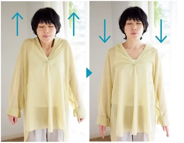 鼻から息を吸いながら両肩を思いっきり上げ、口から息を吐きながら、もとに戻す。