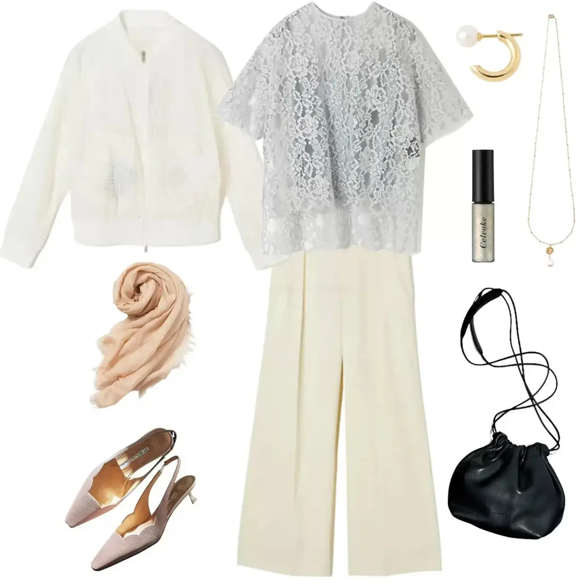 旬のムード漂うシアーなレーストップスが主役のクリーンなホワイトコーデ