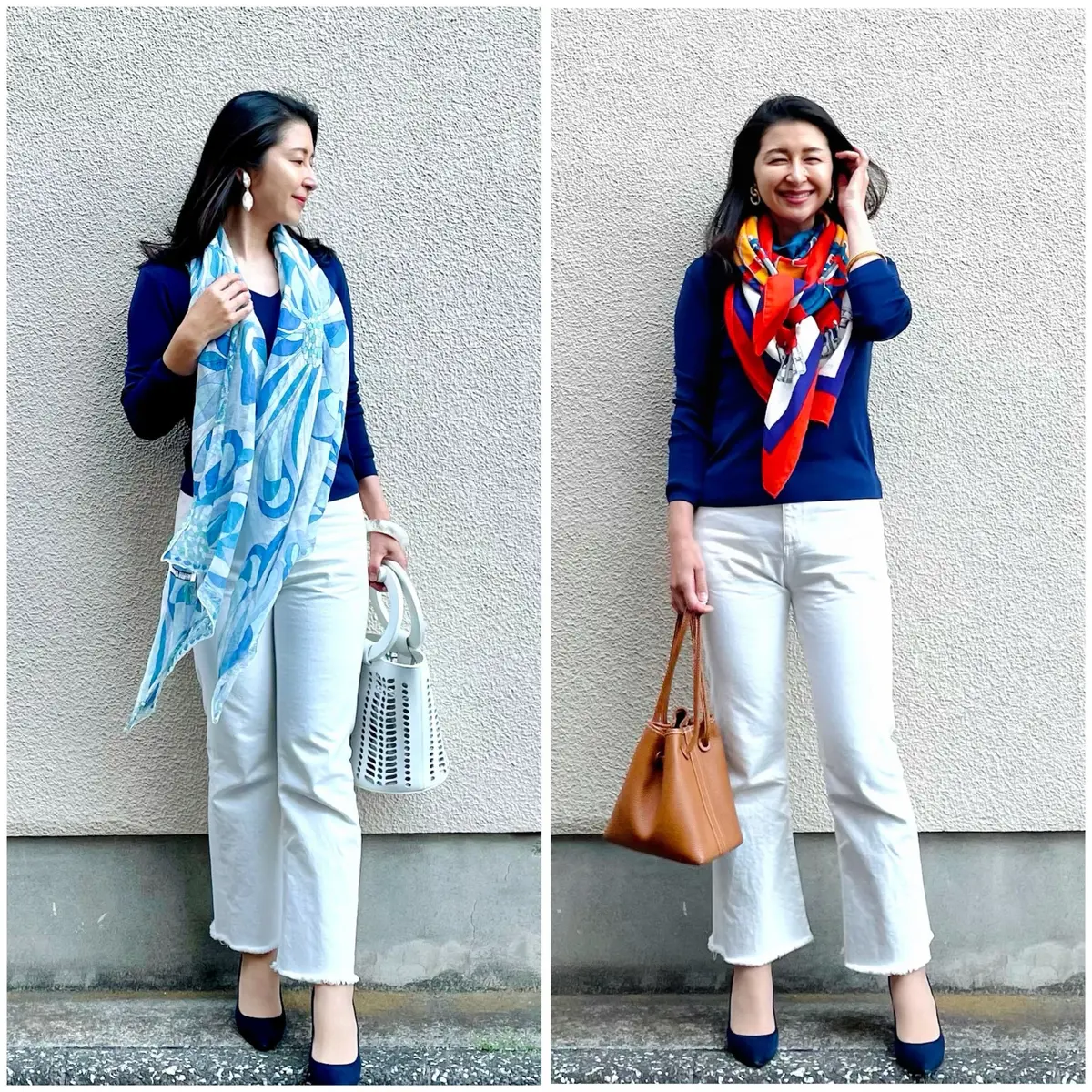 ホワイトデニムとネイビーニット、大判ストールのコーデ２種類