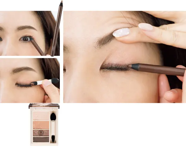 かぶったまぶたを持ち上げつつ茶のラインを太めに引く