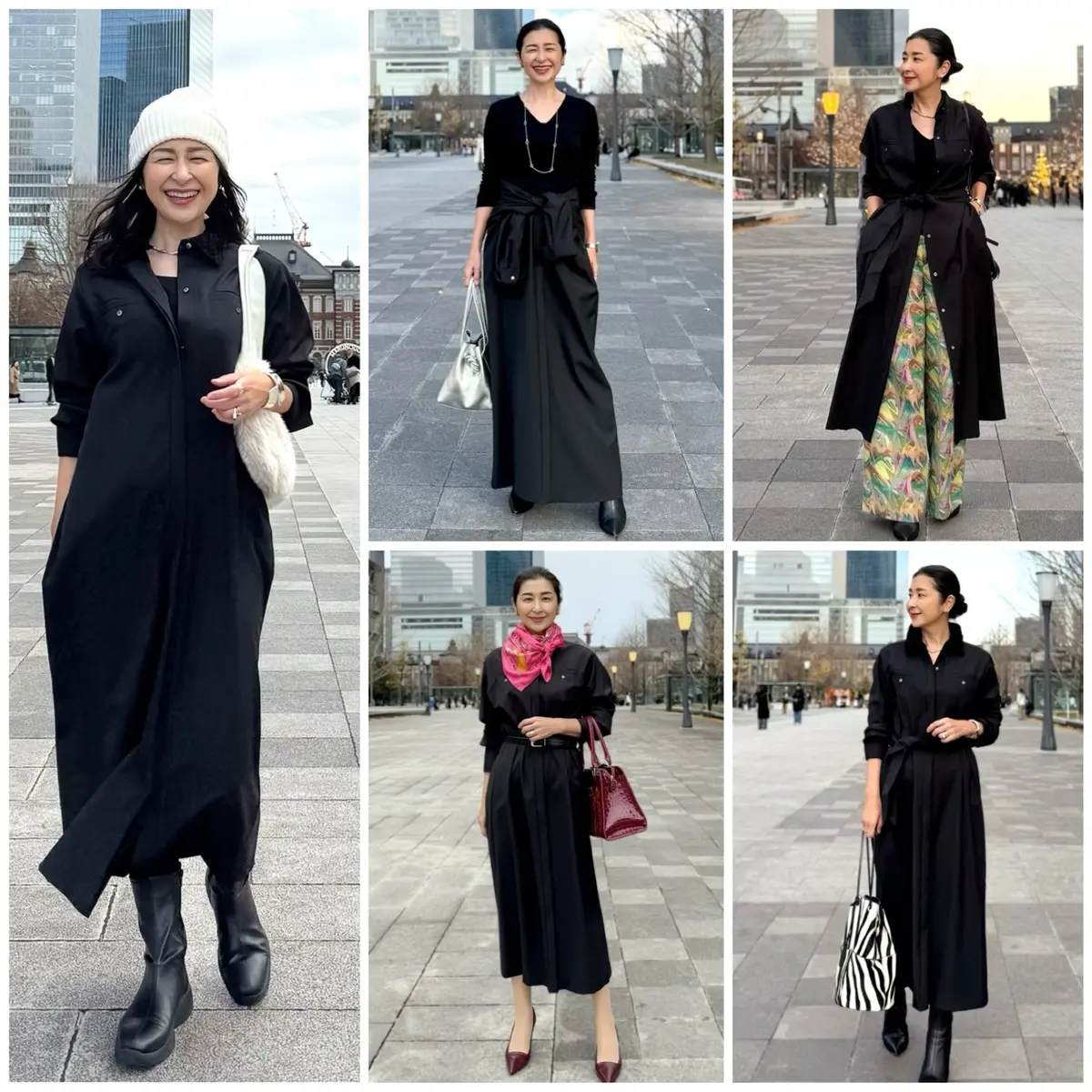 イーバイエクラ　黒ワンピース　着回し　50代ワンピースコーデ　アラフィフワンピースコーデ　シルバーバッグ　シルバーネックレス　エルメススカーフ　黒ショートブーツ　ゼブラ柄バッグ　白ニット帽子