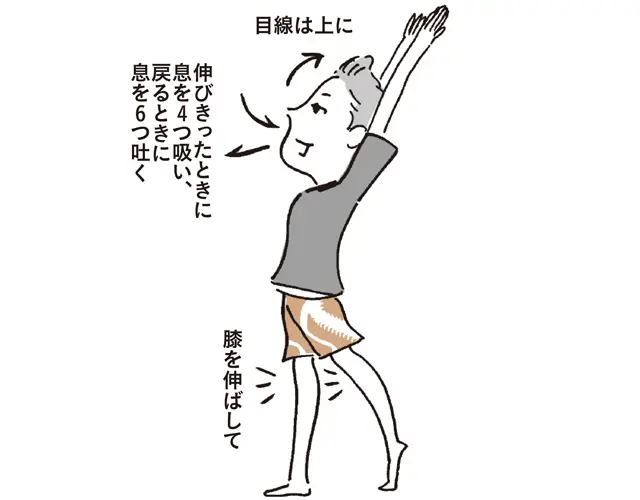 3.両膝を伸ばし、体重を前にかけながら、大きく腕を上げて伸ばす。左右、交互に行う。好きなだけやってOK！